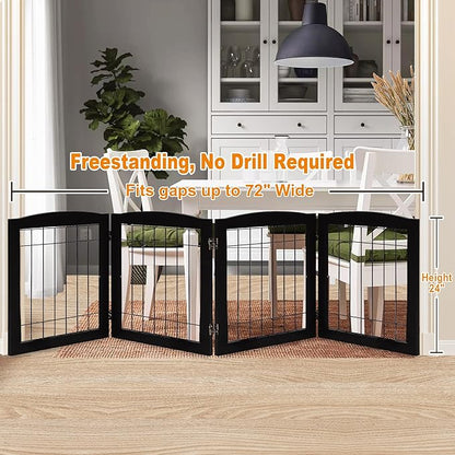 LZRS 4-Panel Extra-Wide Wooden Freestanding Dog Gate: Foldable Solid Wood and Steel Wire Chew Resistant Safety Barrier for Doorways, Stairs, and Large Open Spaces Indoor Use, Black