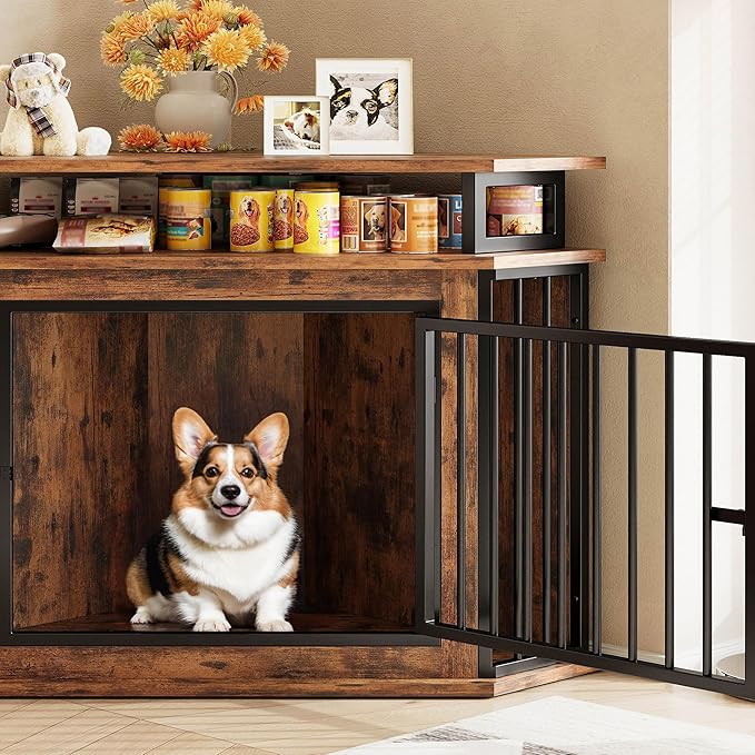 IRONCK 44" Corner Dog Crate with 2-Tier Shelves, Wooden Dog Kennel Furniture, Dog Kennel Indoor Furniture for Small and Medium Dogs, Rustic Brown (23.6" L x 43.3" W x 32.3" H)