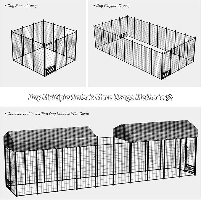 Large Outside Dog Kennel, Outdoor Dog Run Enclosure 8'x4'x6'（Including The roof） Dog Pen House with Roof Cover Heavy Duty Welded Wire Steel Dog Playpen Animal Fence with Feeding Door