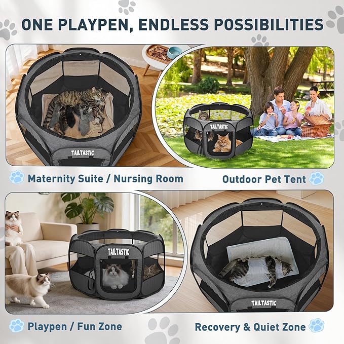 Large Cat Playpen for Multiple Cats, Extra Spacious Pet Tent Playground, Portable Dog Exercise Pen with Room for Toys & Bed, Indoor/Outdoor Enclosure for 2-3 Pets (Dark Grey, Large)