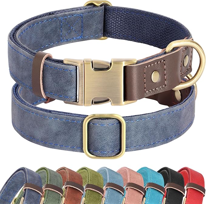 Didog Soft PU Leather Dog Collar for Large Dogs,Classic Adjustable Wide Dog Collars with Quick Release Metal Buckle,Easy Clean and Comfortable with Nylon Lining,Blue,XL Neck 20-27", Width 1¼"