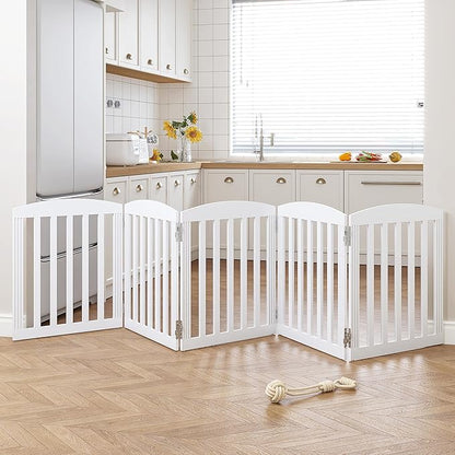 SPIRICH 120" Extra Wide 28" Tall Dog Gate Indoor, Dog Gates for Doorways, Stairs, The House, Wooden Freestanding Foldable Pet Gate, Step Over Puppy Gate, 5 Panels, White