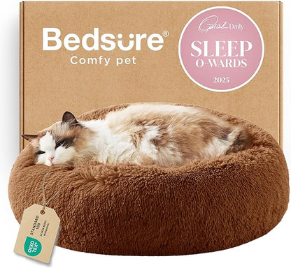 Bedsure Calming Cat Beds for Indoor Cats - Small Cat Bed Washable 20 inches, Anti-Slip Round Fluffy Plush Faux Fur Pet Bed, Fits up to 15 lbs Pets, Copper