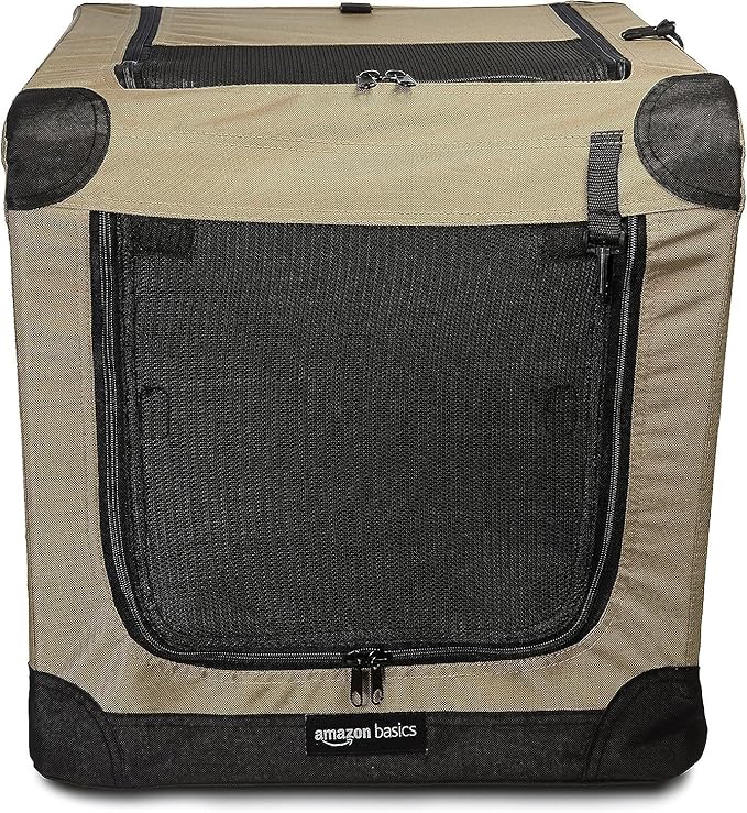 Amazon Basics Portable Folding Soft Dog Crate, 2-Door, Collapsible Travel Kennel, Top & Front Loading, Small 26" x 18" x 18", Tan
