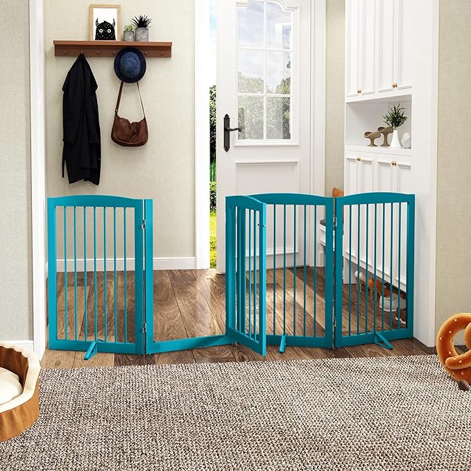 PUPETPO Freestanding Dog Gates with Door Walk Through, Pet Gate for Stairs, 80 inch Wide Gates Indoor, Dog Fences Indoor, Support Feet Included, 4 Panels, 32" Tall, Blue