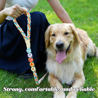 Handmade 5ft Braided Cotton Dog Leash with Unique Floral Handle, Durable and Stylish, Ideal for Small to Large Dogs,Rainbow Mix