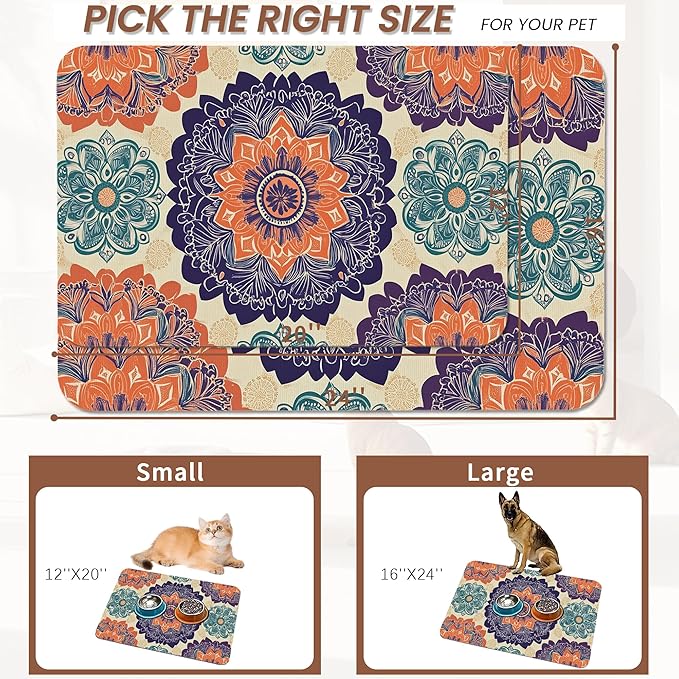 Mandala Flower Dog Cat Food Mat,Vintage Boho Floral Absorbent Pet Feeding Mat with Rubber Backing,Non-Slip Water Bowl Placemat,Indoor Pet Accessories Supplies 16"x24"