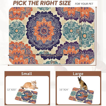 Mandala Flower Dog Cat Food Mat,Vintage Boho Floral Absorbent Pet Feeding Mat with Rubber Backing,Non-Slip Water Bowl Placemat,Indoor Pet Accessories Supplies 16"x24"