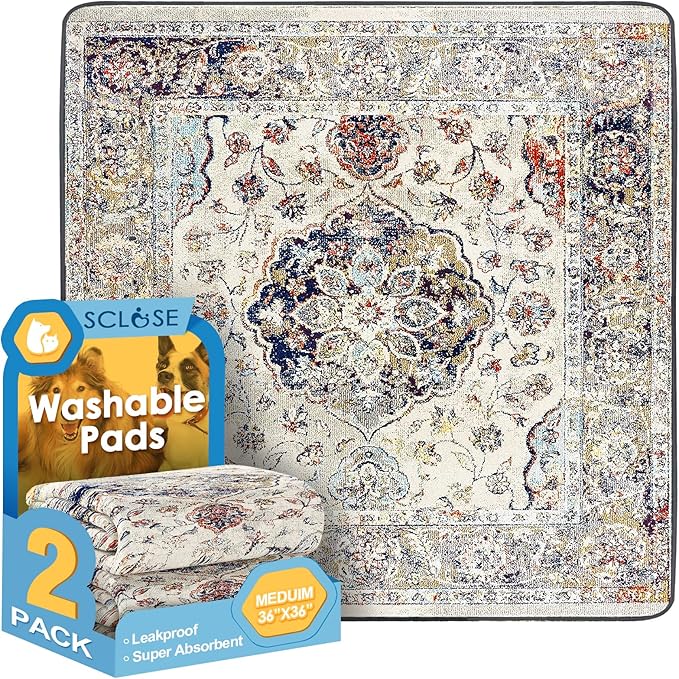 SCLOSE Washable Pee Pad for Dogs 2 Pack, 36" x 36" Reusable Puppy Pads Waterproof Dog Rugs, Super Absorbent, Leakproof, Dog Crate Pad, Playpen Mat, Whelping Pads, Vintage Medallion