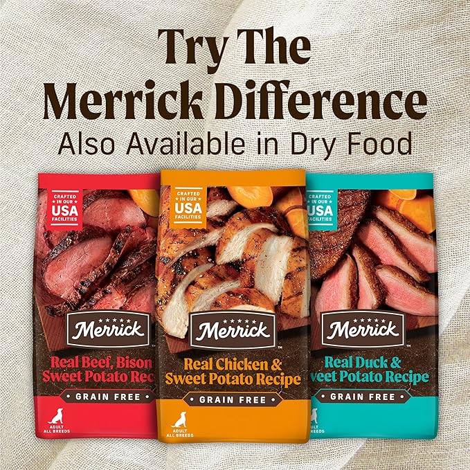 Merrick Grain Free Premium and Natural Canned Dog Food, Soft & Healthy Poultry Free Wet Recipe, Real Beef Lamb and Bison - 12.7 oz. Cans, (Pack of 24)