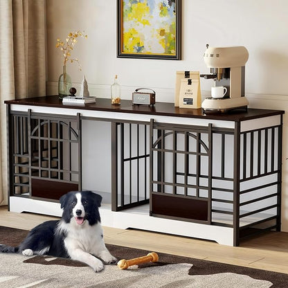 COZPAW 78 Inch Double Dog Crate Furniture, Extra Large Dog Kennel Indoor for 2 Dogs, Heavy Duty Dog Cage with Divider, Wooden Dog House Decorative Table TV Stand for XLarge Dogs (White&Brown)