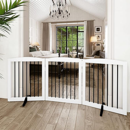 PUPETPO Freestanding Wooden Pet Gate for House, Foldable Indoor Dog Gate for Doorways, Stairs - 24" Height, 3 Panels, White