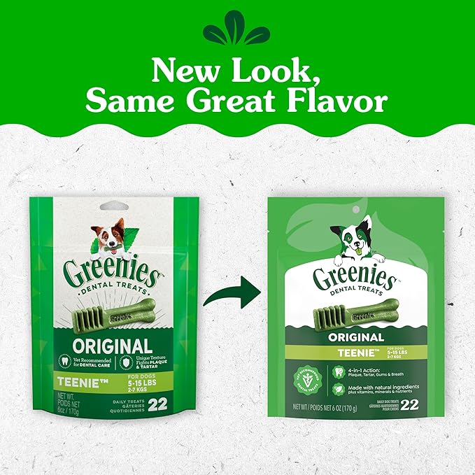 Greenies Veterinarian-Recommended Adult Natural Dental Dog Treats Teenie Size, Dog Dental Chews, Original Flavor, 6 oz. Pack, 22 Count