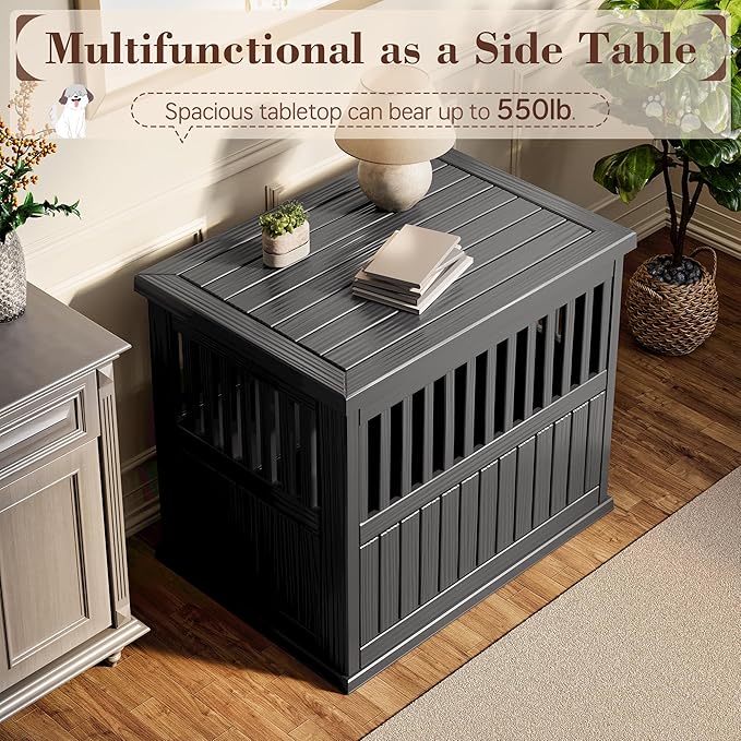 Fancyango 40-Inch Heavy Duty Dog Crate Furniture Lockable Indoor Outdoor Kennel & End Table for Small/Large Dogs Decorative Plastic Pet Cage in Black