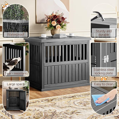 Fancyango 40-Inch Heavy Duty Dog Crate Furniture Lockable Indoor Outdoor Kennel & End Table for Small/Large Dogs Decorative Plastic Pet Cage in Black