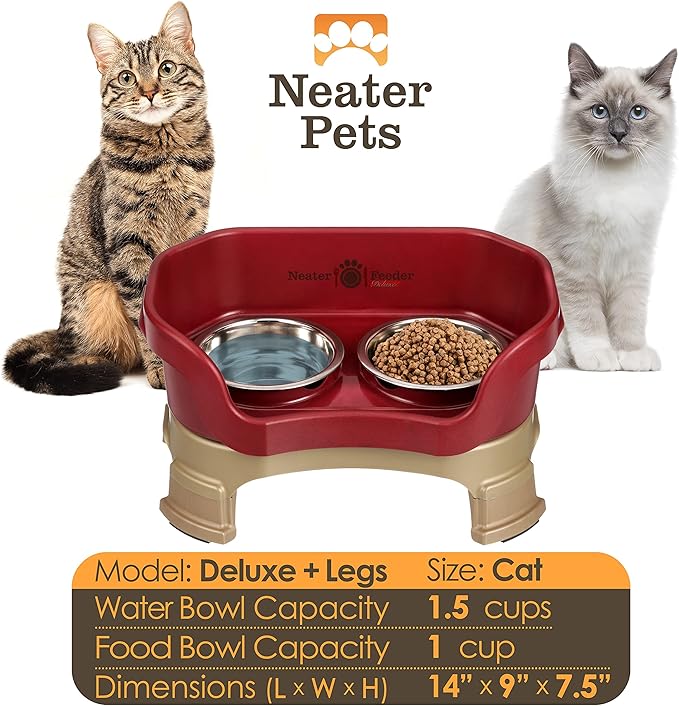 Neater Feeder Deluxe Mess-Proof Elevated Cat Bowls, 2 Height Adjustable (6” & 7.5”) No-Spill Raised Cat Bowl Stand, Whisker Friendly Stainless Steel Dishes for Indoor Cats, Made in USA, Cranberry