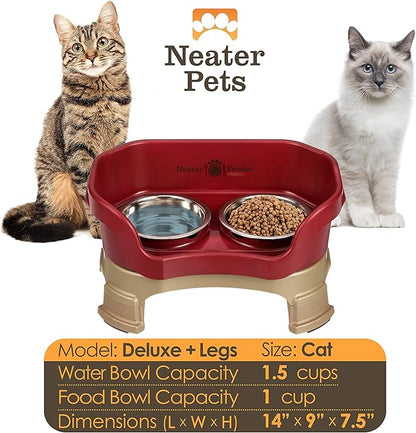 Neater Feeder Deluxe Mess-Proof Elevated Cat Bowls, 2 Height Adjustable (6” & 7.5”) No-Spill Raised Cat Bowl Stand, Whisker Friendly Stainless Steel Dishes for Indoor Cats, Made in USA, Cranberry