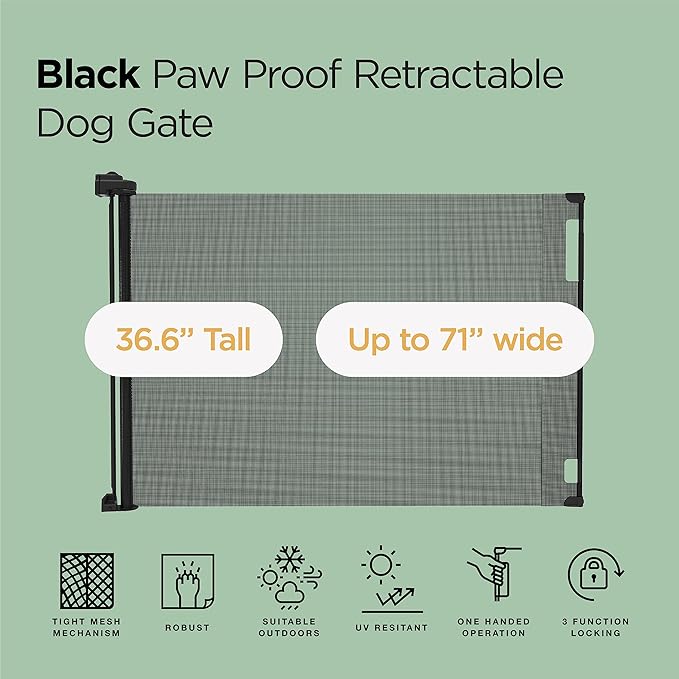 Hakuna Pets Indoor/Outdoor Paw Proof Retractable Dog Gate, 36.6" Tall Extends to 71" Wide, Black