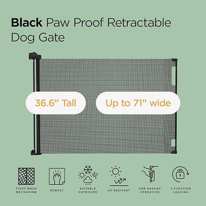 Hakuna Pets Indoor/Outdoor Paw Proof Retractable Dog Gate, 36.6" Tall Extends to 71" Wide, Black