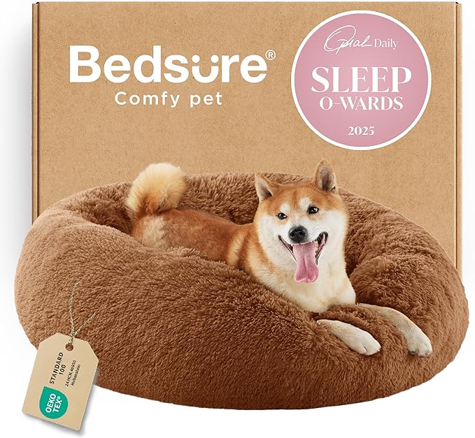 Bedsure Calming Dog Bed for Medium Dogs - Donut Washable Medium Pet Bed, 30 inches Anti-Slip Round Fluffy Plush Faux Fur Cat Bed, Fits up to 45 lbs Pets, Copper