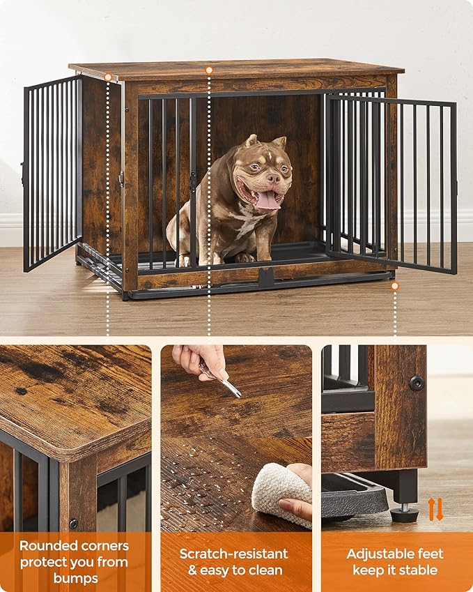 Feandrea Dog Crate Furniture, 38 Inches Dog Kennel for Dogs up to 70 lb, with Removable Tray, Heavy-Duty Dog Cage End Table Indoor, Double Doors Dog House, Easy to Clean, Rustic Brown