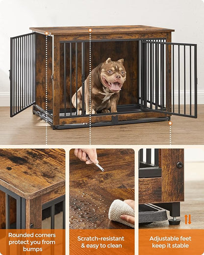 Feandrea Dog Crate Furniture, 38 Inches Dog Kennel for Dogs up to 70 lb, with Removable Tray, Heavy-Duty Dog Cage End Table Indoor, Double Doors Dog House, Easy to Clean, Rustic Brown