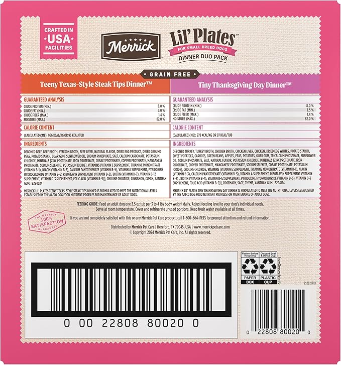 Merrick Lil’ Plates Grain Free Dinner Duos Soft Natural Wet Small Dog Food Variety Pack,Beef and Turkey - 2.6 lb. Tubs,(Pack of 24)