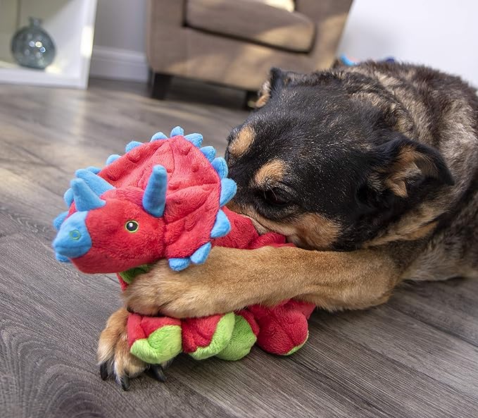 goDog Dinos Frills Squeaky Plush Dog Toy with Chew Guard Technology, Durable Fabric & Squeaker for Active Play, Red, Large