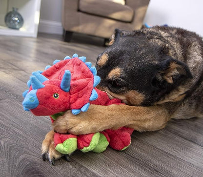 goDog Dinos Frills Squeaky Plush Dog Toy with Chew Guard Technology, Durable Fabric & Squeaker for Active Play, Red, Large