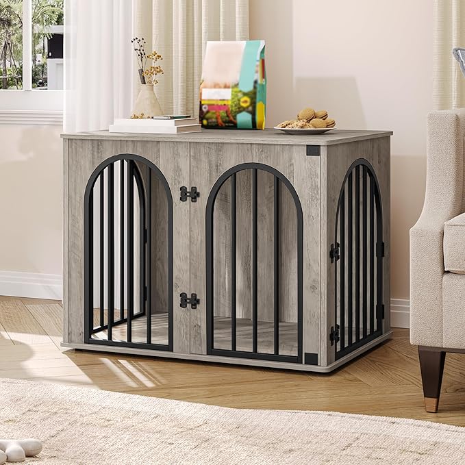 Hzuaneri 31.5'' Wooden Dog Crate Furniture, Indoor Dog Kennel Dogs Cage for Small/Medium Dogs, Heavy Duty Dog Crates Decorative Pet House End Side Table TV Stand, Greige Black DFC85105B