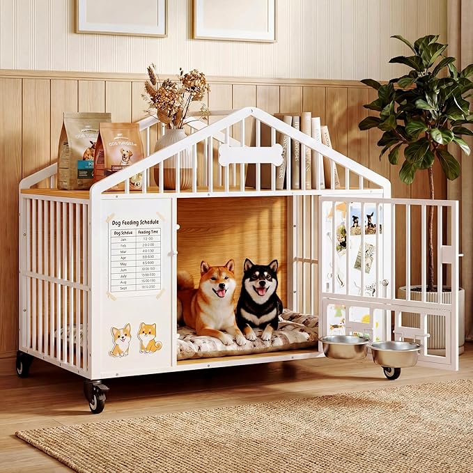 IRONCK 41.3" Dog Crate Furniture with 2 DIY Frame, Heavy Duty Pet Crates with 2 Rotatable Dog Bowls & Name Tag, Decorative Roof Shape Dog Kennel Indoor with 5 Wheels for Medium Dogs, White
