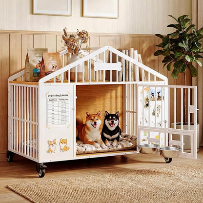 IRONCK 41.3" Dog Crate Furniture with 2 DIY Frame, Heavy Duty Pet Crates with 2 Rotatable Dog Bowls & Name Tag, Decorative Roof Shape Dog Kennel Indoor with 5 Wheels for Medium Dogs, White