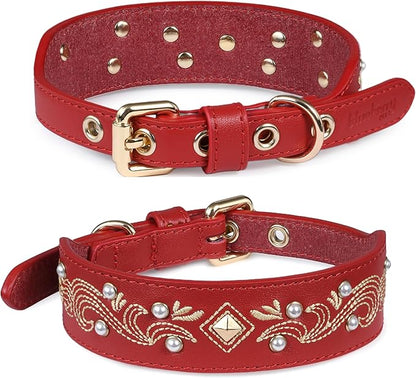 Blueberry Pet Western Leather Dog Collar - Genuine Leather with Floral Embroidery & Pearl Studs Adjustable 12-15 Inch Neck for Small Dogs
