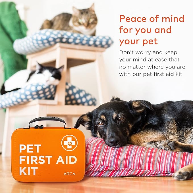 ARCA PET Cat & Dog First Aid Kit for Car - Pet Emergency Kit for Home Office Travel – Dog Camping Essentials with Digital Thermometer, Muzzle & Mini First Aid Pouch