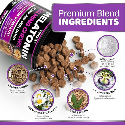Melatonin for Dogs - 170 Melatonin Chews for Small and Large Dogs - Puppy Sleep Aid - Natural Calming Treats for Stress Anxiety Relief - Canine Sleeping Pills - Thunder, Fireworks, Chewing, Barking
