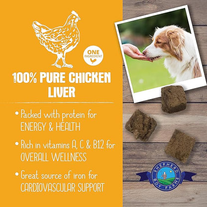 Shepherd Boy Farms Freeze Dried Dog and Cat Treats, Chicken Liver, All Natural Single Ingredient Freeze-Dried Dog Treat & Snacks, Made in USA, High Protein, Essential Nutrition Raw Food, 8oz