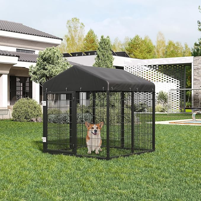 Petony Large Outdoor Dog Enclosure,Heavy Duty Dog Cage with Roof,Galvanized Steel Dog Kennel Fence with Double Safety Locks(4.2'L x 4'W x 4.5'H)