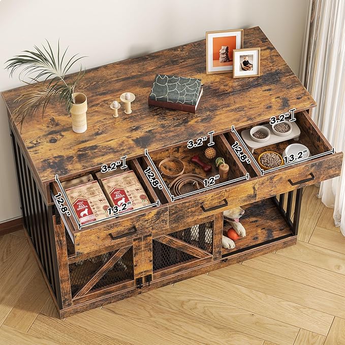 Saudism Dog Crate Furniture for Large Dog or 2 Small Dogs, Wooden Large Dog Kennel with 3 Storage Drawers and 2 Sliding Doors, Decorative Dog Cage TV Stand with Removable Divider, Classic Brown
