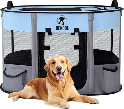 Foldable Dog Cat Playpen, Portable Dog Crate for Puppies, Cat, Puppy Play Pen for Indoors, Kennel Tent Crate for Indoor Outdoor Travel Camping Use with Carrying Case (Blue, L)