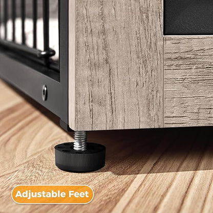 Yaheetech 27.5'' Dog Crate Furniture with Cushion Wooden Dog Crate with Double Doors/Adjustable Feet Side End Table for Small/Medium Dogs, Greige