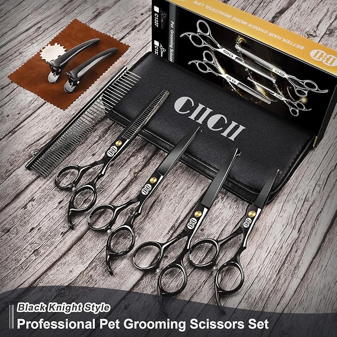 CIICII Dog Grooming Scissors Kit, 7 Inch Professional Pet Grooming Scissors Set with Safety Round Tip (Dogs/Cat Hair Cutting Trimming Thinning Shears with Curved Scissors) for DIY Home Salon (Black)