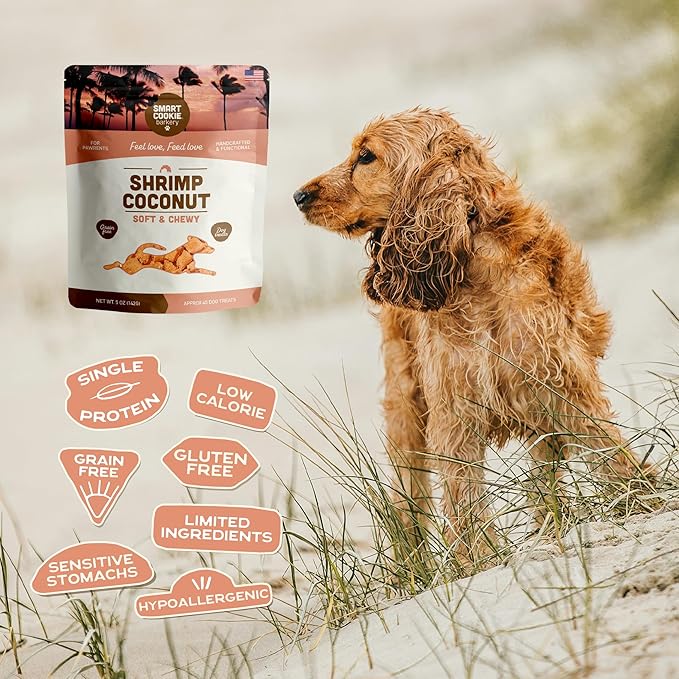 Smart Cookie All Natural Dog Treats - Shrimp & Coconut - Training Treats for Dogs with Allergies, Sensitive Stomachs - Soft Dog Treats, Chewy, Grain Free, Human-Grade, Made in USA - 5oz, Pack of 3
