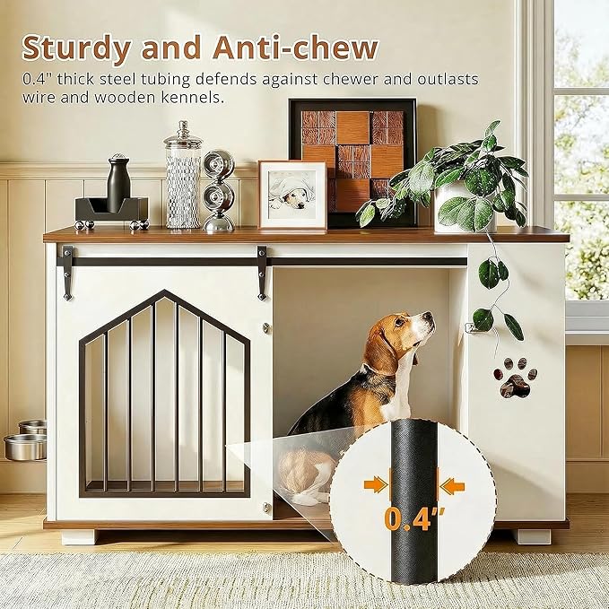 IRONCK Large Dog Crate Furniture with 2 Rotatable Dog Bowls, Wooden Dog Kennel with 2 Adjustable Shelves, Barn Doors Decorative Pet Cage Dog House as TV Stand, White