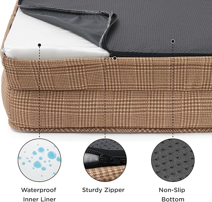Bedsure L Plus Orthopedic Dog Bed for Large Dogs - Washable Dog Cat Bed Waterproof, L Plus Big Comfort Dogs Couch Sofa with Washable Removable Cover, Pet Bed with Nonskid Bottom, Plaid-Brown, 38"