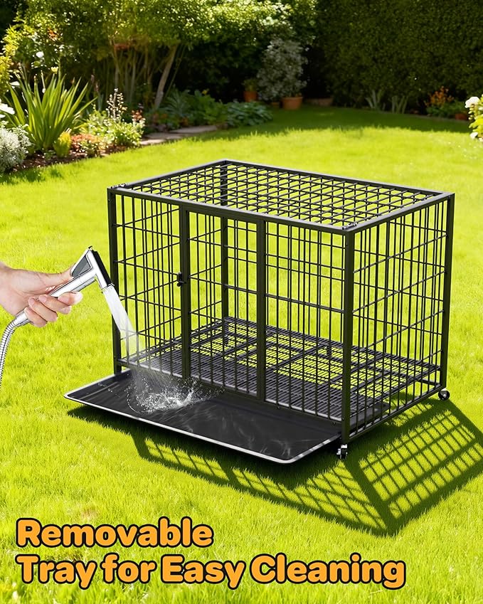 42 Inch Large Dog Crate, Escape Proof Dog Cage with Dual Door Lock and Swivel Casters,Removable Tray for Easy Cleaning, Dog Kennel Indoor Outdoor Use