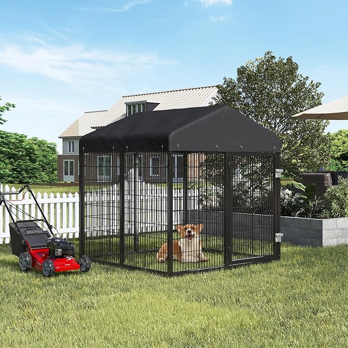 Outdoor Dog Kennel Steel Ideal Dog Fence for Small Dogs Anti-Rust Coating Cage with Roof All Weather Resistant Dog House with Double Locks(4.2'L x 4'W x 4.5'H)