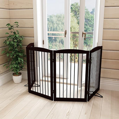 PUPETPO Freestanding Pet Gate for Dogs, Indoor Wooden Foldable Dog Gate for House, Doorway, Stair, 80 Inch Wide, 4 Panels 32",Brown