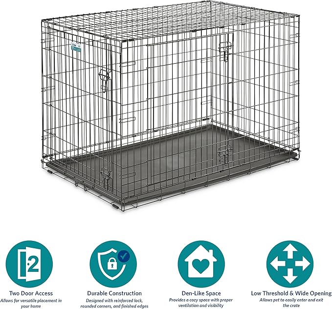 MidWest Homes for Pets 48-Inch iCrate for Extra-Large Breeds, 90-110 lbs, Double Door Folding Dog Crate with Divider Panel, Leak-Proof Tray & Secure Latches, Portable, Durable & Easy to Assemble