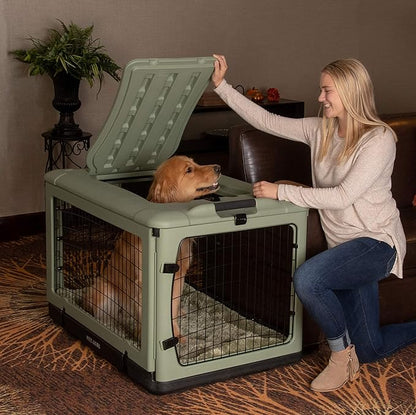 Pet Gear “The Other Door” 4 Door Steel Crate for Dogs/Cats with Garage-Style Door, Includes Plush Bed + Travel Bag, No Tools Required, Willow, 42 Inch