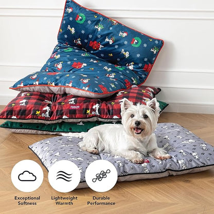 Berkshire Peanuts® Square Dog Bed, Suedemink Fleece Pet Mat with Waterproof & Non-Slip Bottom, Soft Plush Dog Mat for Crate, Couch, or Floor, Machine Washable(Snoopy Best Christmas Icons, Medium)